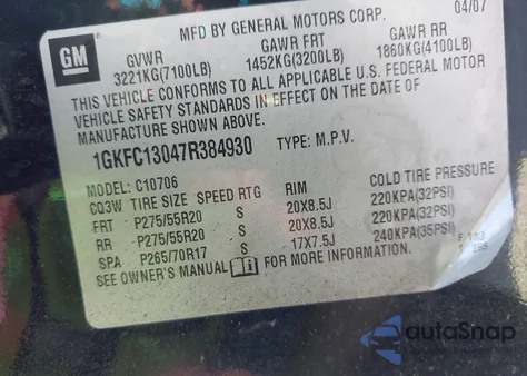 2007 GMC Yukon Slt из США, поврежденный, VIN 1GKFC13047R384930